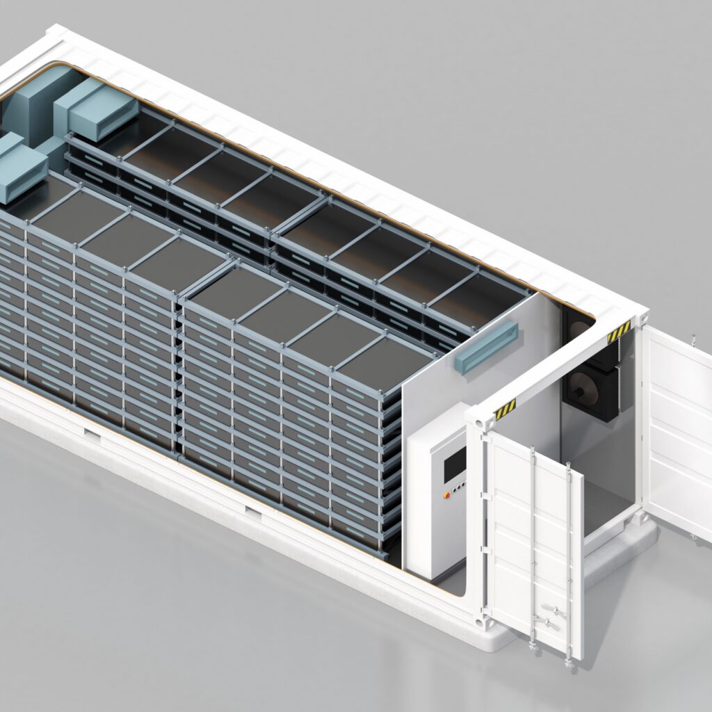 Cutaway rendering of a containerized lithium-ion battery energy storage system (BESS) with rear access doors open, showing stacked battery module racks inside — the type of installation crews encounter during thermal runaway incidents.